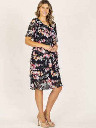 Renoma layer chiffon black floral dress