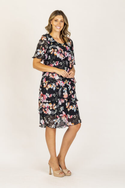 Renoma layer chiffon black floral dress